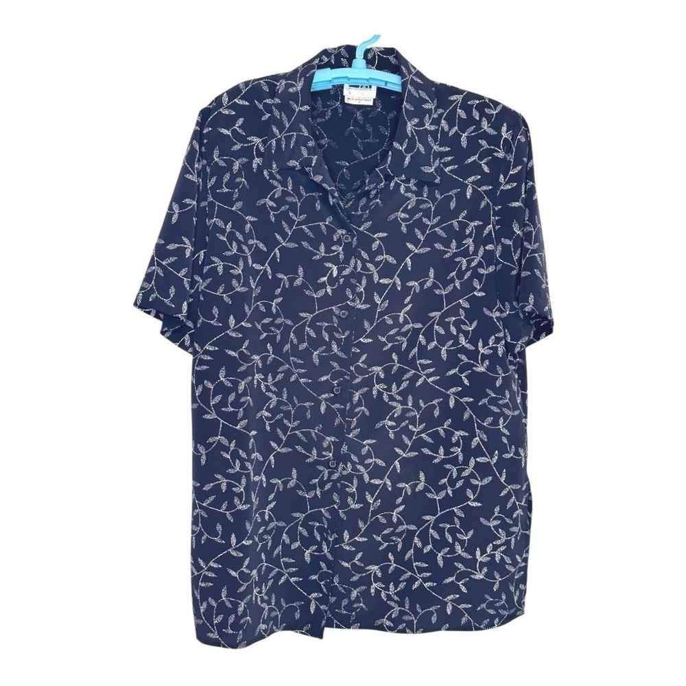 Leslie Fay Button Down Shirt Women Navy Blue White Vine Print Coastal Grandma 14
